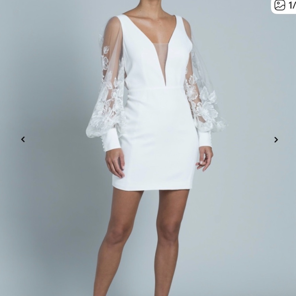 Rime Arodaky White Dress with Sheer Floral Sleeves
